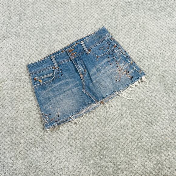 Vintage y2k denim cutoff raw hem low rise micro mini jean skirt bedazzled sequin - Picture 1 of 7